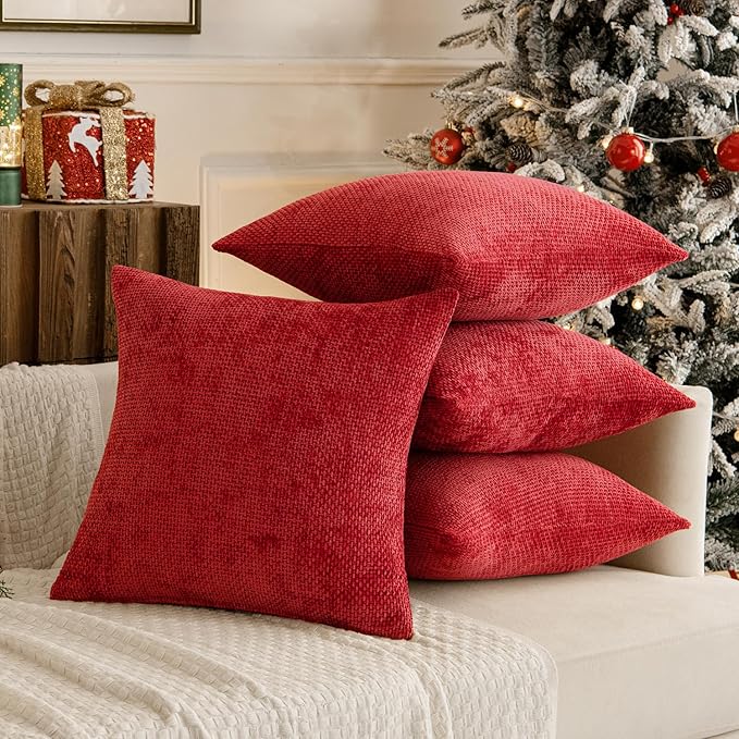 MIULEE Christmas Red Pack of 4 Couch Throw Pillow Covers 18x18 Inch Soft Decorative Chenille Pillow Covers Farmhouse Accent Cushion Covers for Boho Home Decor Sofa Bedroom Living Room