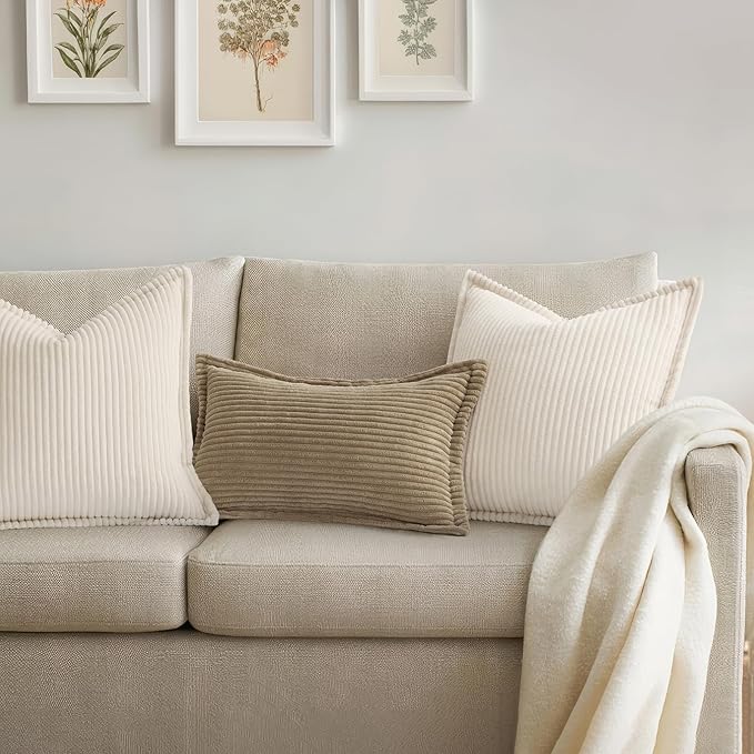Mecatny Corduroy Throw Pillow Covers 24x24 Set of 2, Neutral Decorative Soft Boho Couch Pillow Covers with Broadside for Sofa Living Room, Cream White