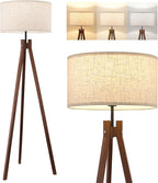 ELYONA Wood Tripod Floor Lamp, Mid Century Reading Standing Lamp with 3 Color Temperatures & Linen Shade, Modern Night Light for Bedroom, Farmhouse, Living Room, Office, 9W LED Bulb Included, Brown