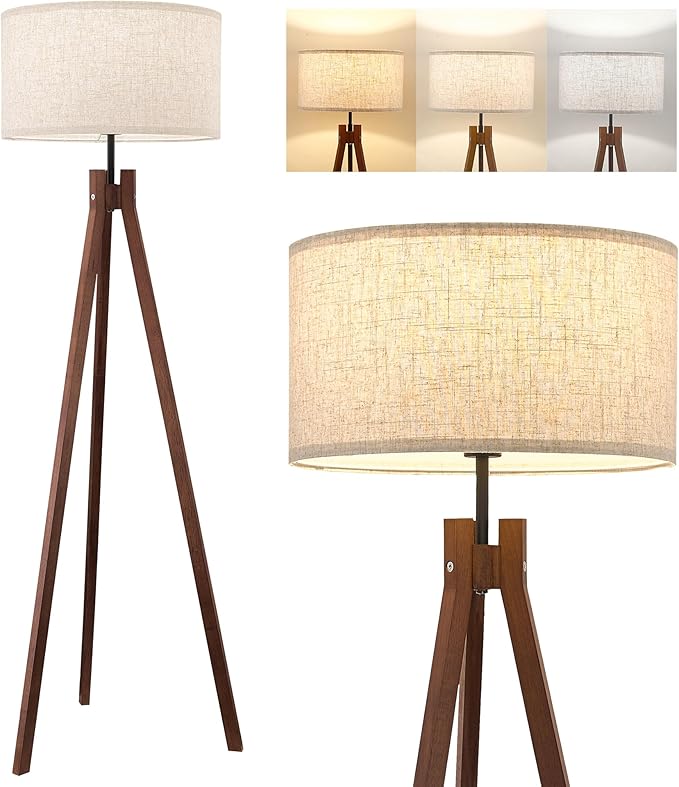 ELYONA Wood Tripod Floor Lamp, Mid Century Reading Standing Lamp with 3 Color Temperatures & Linen Shade, Modern Night Light for Bedroom, Farmhouse, Living Room, Office, 9W LED Bulb Included, Brown