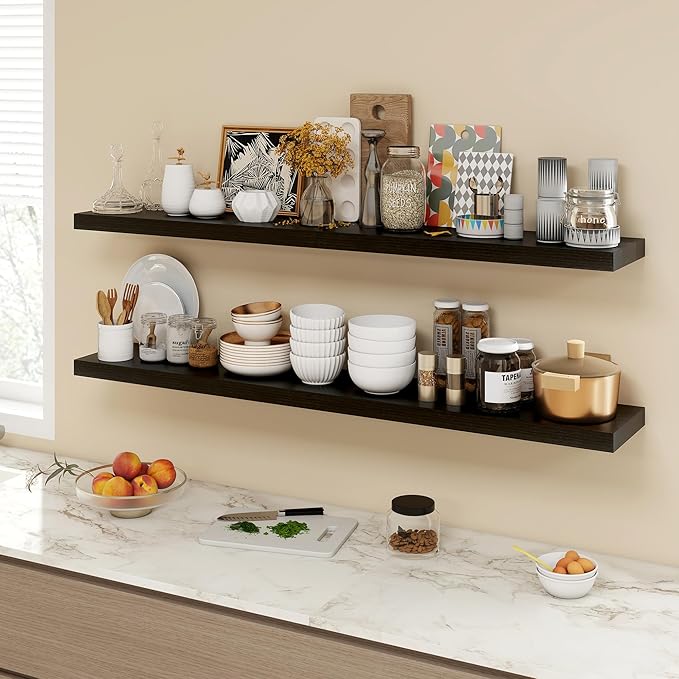 55 Inch Floating Shelves, 9.3" Deep Floating Shelf Wall Mounted, 56" Wall Shelves, Rustic Deep Bookshelf, Large Display Shelves & Storage Shelves for Bedroom, Living Room, Black, Set of 1
