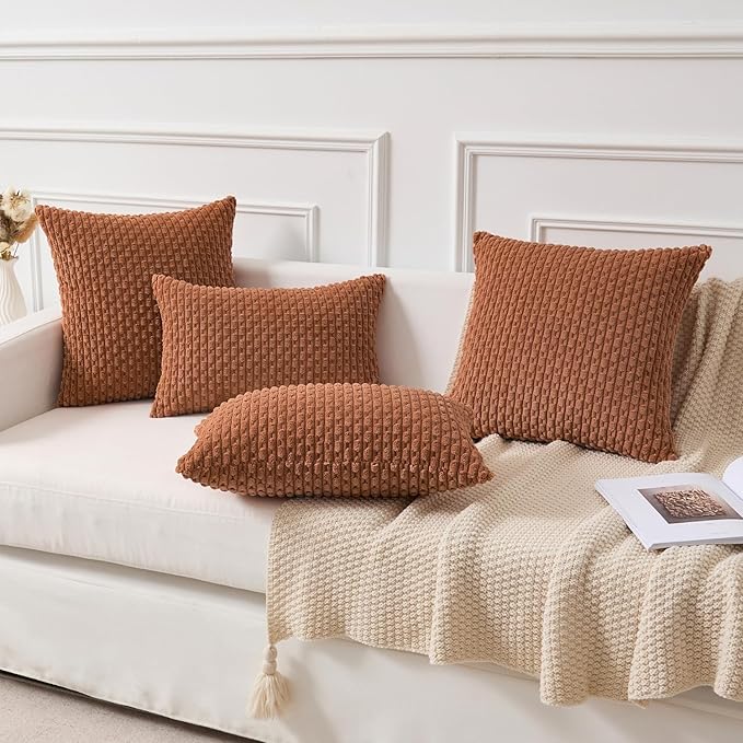 Kevin Textile Fall Decorative Pillow Covers Set of 2 Striped Plush Corduroy Pillows Pillowcases Boho Home Decor Cushion Covers for Couch Sofa Bed Living Room 20x20 Inch, Burnt Orange