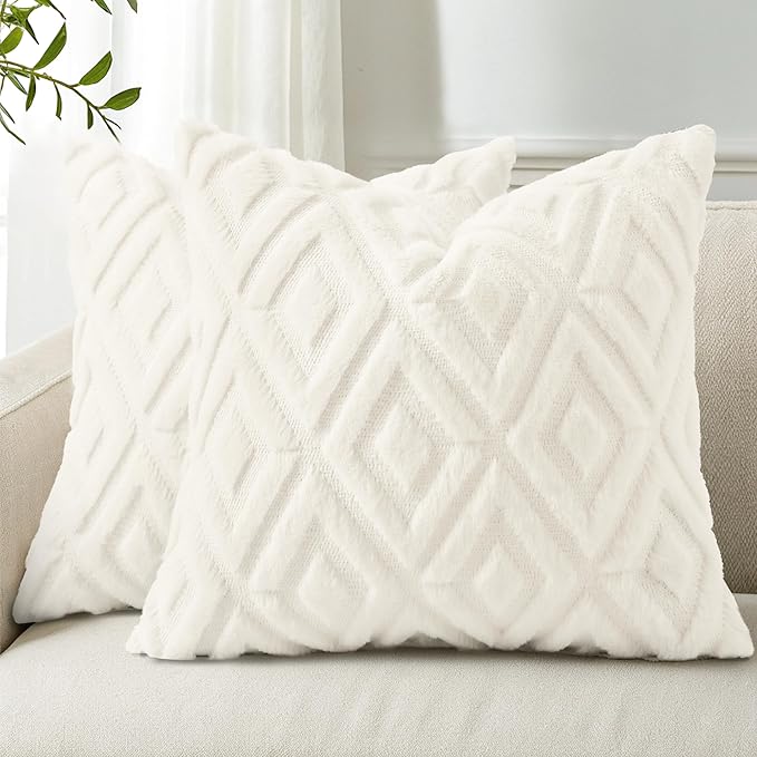 decorUhome Christmas Couch Throw Pillow Covers 16x16 Set of 2, Decorative Soft Plush Faux Wool Neutral Accent Pillow Covers for Bed Sofa Living Room, Cream White