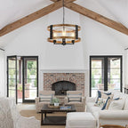 Farmhouse Chandelier, 20" Rustic Light Fixture with Glass Shade 4-Light Drum Lighting Fixtures Retro Pendant Lamp for Dining Room Foyer Living Room Entrance Kitchen Island Bedroom