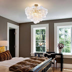 Semi Flush Mount Ceiling Bubble Ball Chandelier Lighting Dia 20 Inch Gold Clear Ribbed Blown Glass Chandeliers Ceiling Mount Light Fixtures for Bedroom, Living Room, Entry, Bathroom