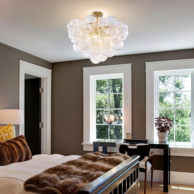 Semi Flush Mount Ceiling Bubble Ball Chandelier Lighting Dia 20 Inch Gold Clear Ribbed Blown Glass Chandeliers Ceiling Mount Light Fixtures for Bedroom, Living Room, Entry, Bathroom