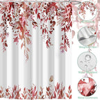 Eucalyptus Shower Curtain, Red Watercolor Leaves with Floral Botanical Bathroom Decor, Waterproof Fabric Bath Curtain Set with Hooks, 72x84 Inches
