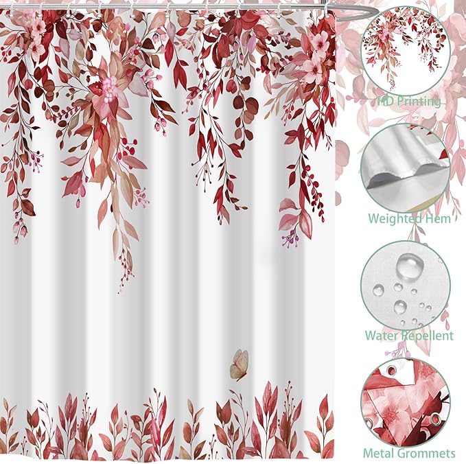 Eucalyptus Shower Curtain, Red Watercolor Leaves with Floral Botanical Bathroom Decor, Waterproof Fabric Bath Curtain Set with Hooks, 72x84 Inches