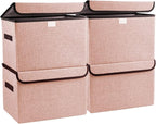 Linen Fabric Foldable Storage Cube Bin Organizer Basket with Flip-Top Lid & Handles, Large Clothes Blanket Box for Home, Office, Closet, Pink, 4 Pack 14.6 x 9.5 x 9.5”