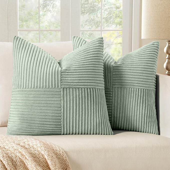 MIULEE Mint Corduroy Pillow Covers Pack of 2 Boho Decorative Spliced Throw Pillow Covers Soft Solid Couch Pillowcases Cross Patchwork Textured Cushion Covers for Living Room Bed Sofa 20x20 inch