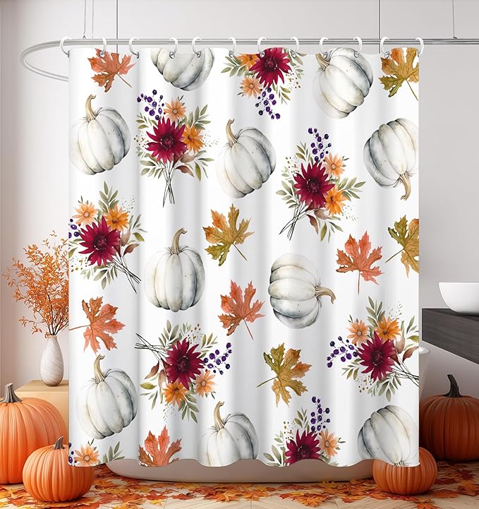 MAMUSE Fall Shower Curtain for Bathroom Stall Cute Decorative Waterproof Unique Design TeenWomen Cortinas de Baño Bathtub 72 x72 Inch, Pumpkins Flowers