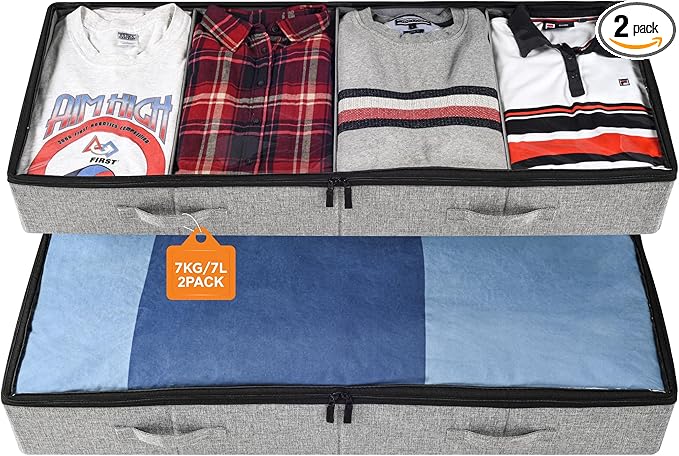 storageLAB Under Bed Storage Containers, Closet Organizers with Sturdy Handles for Clothes, Comforters, and Accessories, Use Under or at the End of the Bed - 2 Pack, Grey