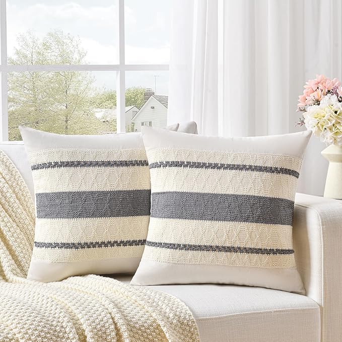 Fancy Homi Set of 1 Neutral Grey Farmhouse Euro Decorative Throw Pillow Covers 26x26 Inch for Couch Bed Chair, Vintage Country Rustic Retro Room Decor, Soft Thick Cotton Handmade Woven Cushion Case