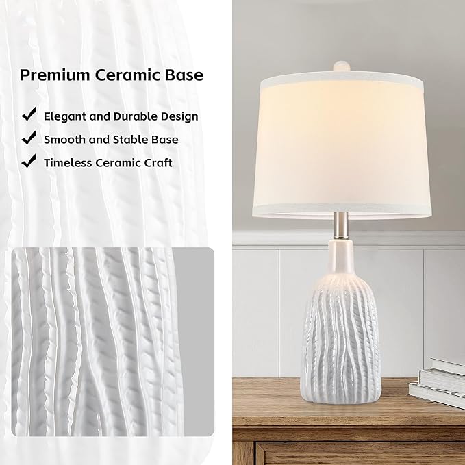 GRUENLICH Ceramic Table Lamp Set of 2 for Nightstand, 22.5" Modern White Bedside Lamp with 3 Adjustable Color Temperature, Bedroom Light for Living Room Desk End Table Office (2 LED Bulbs Included)