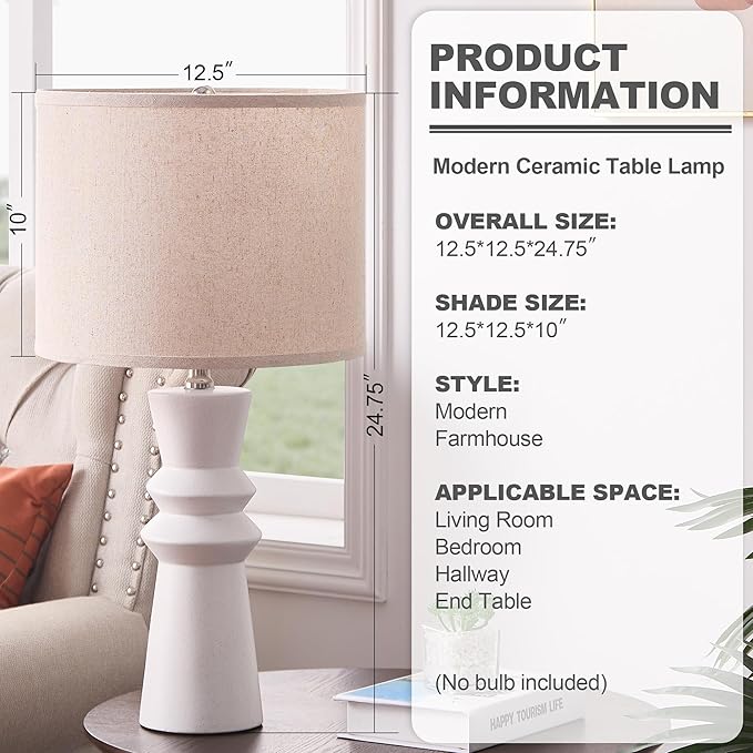 24.75" White Ceramic Table Lamps Set of 2 - Modern Minimalist White Lamps Set of 2 for Living Room, Bedroom & Console Tables, End Tables