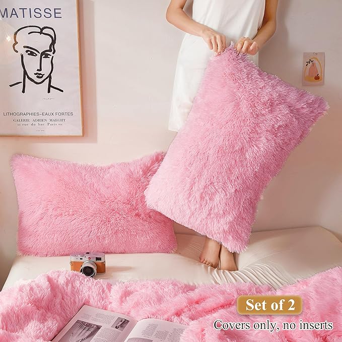 XeGe Faux Fur Throw Pillow Cases, Plush Shaggy Ultra Soft Pillow Covers, Fluffy Crystal Velvet Decorative Pillowcases, Furry Fuzzy Pillow Shams Zipper Closure, Set of 2(Standard, Light Pink)