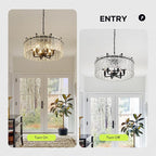 Black Crystal Chandeliers for Dining Room 6-Light, 22” Modern Water Ripple Glass Light Fixture, Farmhouse Round Lighting for Kitchen Island, Bar Table