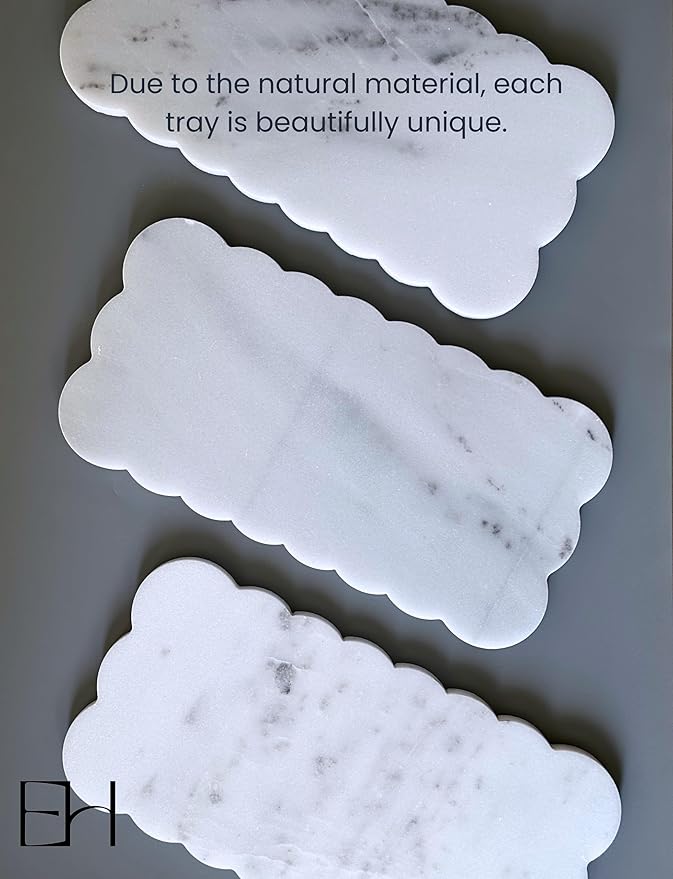 Natural Marble Tray, 12 x 6 inches Serving Board, Bathroom Organizers and Storage, Scallop Stone Present for Home Kitchen Vanity Countertop Decor (Marble, White)