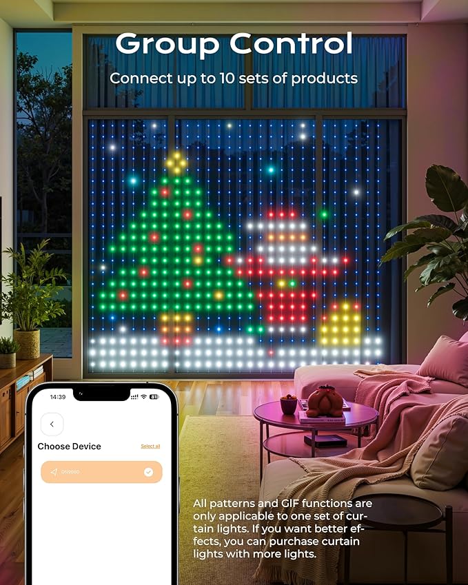 400 RGBIC LEDs Smart Curtain Lights with DIY GIF, 6.6x6.6ft Color Changing Holiday Wall Lightss with APP, IP65 Waterproof Christmas String Fairy Lightss for Indoor Outdoor Bedroom Window