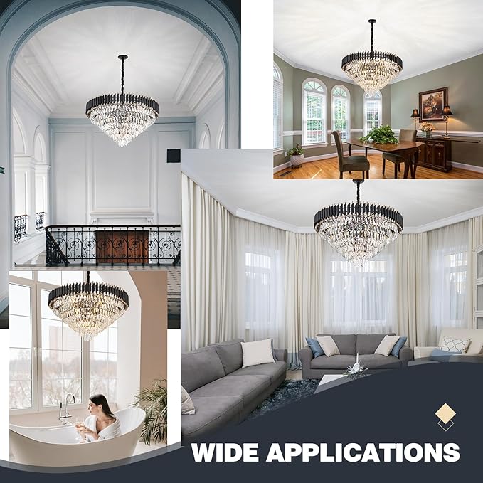 7-Tier Black Gold Crystal Chandelier 35.5’’ 18-Light Modern Crystal Pendant Chandelier Ceiling Light Fixture Hanging Lighting for Living Room Villa Restaurant Foyer High Ceiling