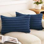 Double-Sided Faux Fur Plush Throw Pillow Covers 12x20 Set of 2 Fuzzy Striped Soft Cozy Pillowcase Luxury Decorative Lumbar Pillows Fluffy Rectangle Cushion Cover for Couch Bed,Navy Blue