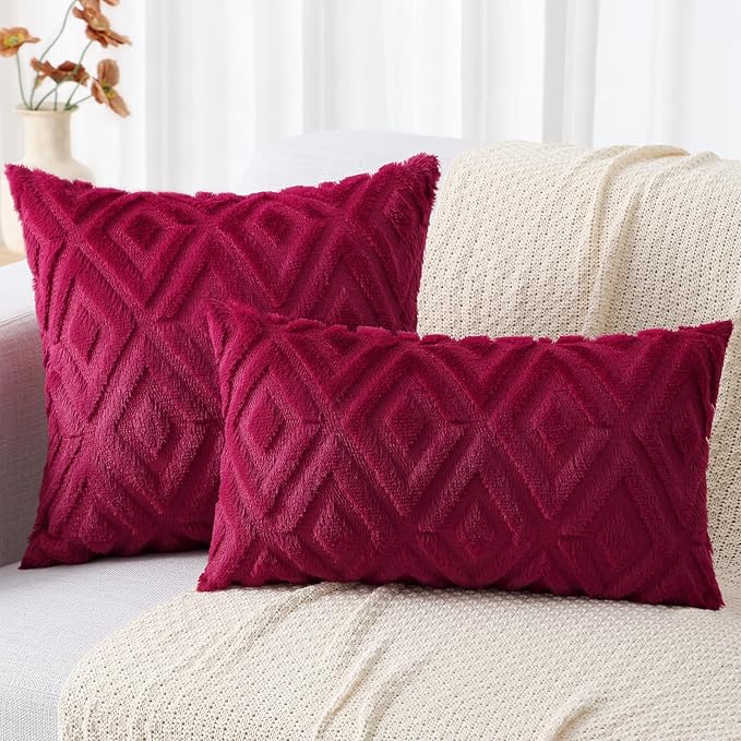 decorUhome Christmas Couch Throw Pillow Covers 16x16 Set of 2, Decorative Soft Plush Faux Wool Neutral Accent Pillow Covers for Bed Sofa Living Room, Burgundy