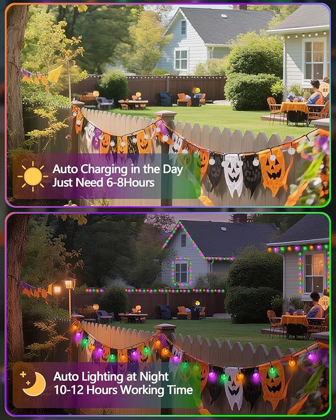 2-Pack 100 LED Purple Orange and Green Solar Halloween Lights Outdoor - 64FT Crystal Globe Waterproof Solar String Lights with 8 Lighting Modes for Halloween Decorations, Garden, Patio, Party, Porch