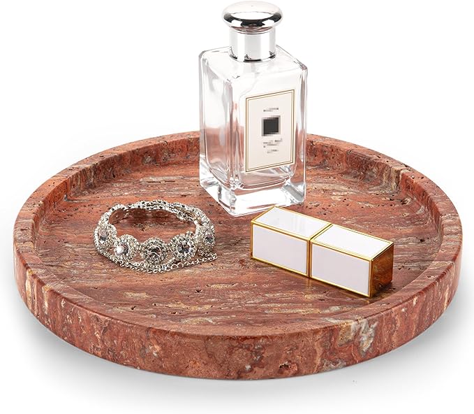 WORHE Natural Marble Decorative Tray for Bathroom Bedroom Kitchen Dresser, Round Vanity Trays for Jewelry, Perfume, Cosmetic, Candle, Countertop Storage Organizer for Home Decor Color Red (WH039)