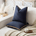Decorative Neutral Linen Throw Pillow Covers 20x20 Inch Set of 2, Navy Blue Boho Farmhouse Pillow Covers with Braid Fringe for Sofa Bed Modern Couch Pillow Cases for Organic Home Decor