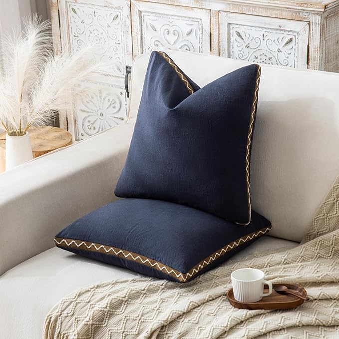 Decorative Neutral Linen Throw Pillow Covers 18x18 Inch Set of 2, Navy Blue Boho Farmhouse Pillow Covers with Braid Fringe for Sofa Bed Modern Couch Pillow Cases for Organic Home Decor