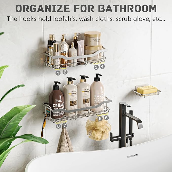 OMAIRA 3-Pack Shower Caddy with Soap Holder, Adhesive Rustproof No-drill Strudy Loading Inside Shower Organizer Shelves Rack Storage Bathroom Organization for Smooth Wall Glass Tile, Silver (X-Large)