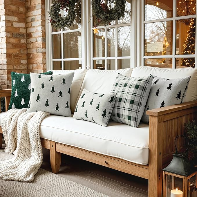 MIULEE Christmas Decorative Chenille Throw Pillow Covers, 16x16 Inch, White Dark Green Tree, Set of 2 Cute Trees with Plaid Patterns Pillows for Sofa Couch Bedroom Chair Xmas Home Decor