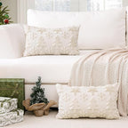 OTOSTAR Set of 2 Xmas Soft Plush Short Wool Velvet Decorative Throw Pillow Covers Rectangular Luxury Style Cushion Case Pillow Shell for Sofa Bedroom Tree and Snowflake Cream Beige, 16x24 Inch