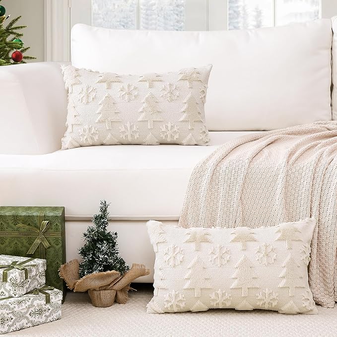 OTOSTAR Set of 2 Xmas Soft Plush Short Wool Velvet Decorative Throw Pillow Covers Rectangular Luxury Style Cushion Case Pillow Shell for Sofa Bedroom Tree and Snowflake Cream Beige, 12x20 Inch