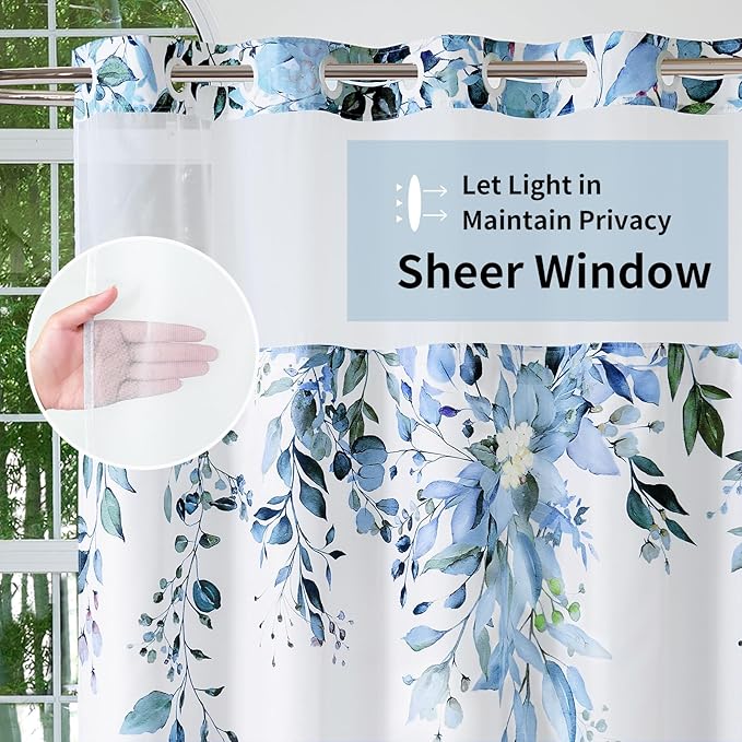 QiyI No Hook Shower Curtain with Snap in Fabric Liner, Blue Eucalyptus Shower Curtain with See Through Top Window, Waterproof Washable Cloth Ringless Shower Curtain Set for Bathroom, 72 x 87