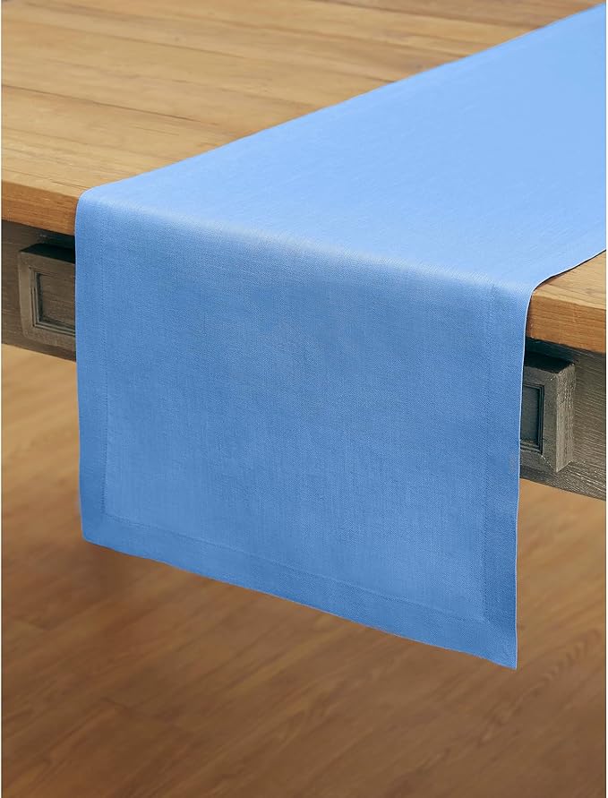 Solino Home Linen Table Runner 108 Inches Long - 100% Pure Linen Provence Blue Dining Table Runner 14 x 108 Inch - Fete - Christmas