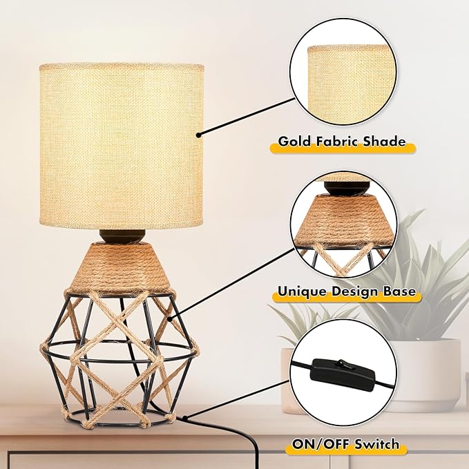 Hamilyeah Woven Table Lamps Set of 2, Boho Bedside Lamps with Fabric Shade, Farmhouse Lamps for Night Stands with On/Off Switch, Modern Industrial Desk Lamps for Bedroom, Living Room, Office