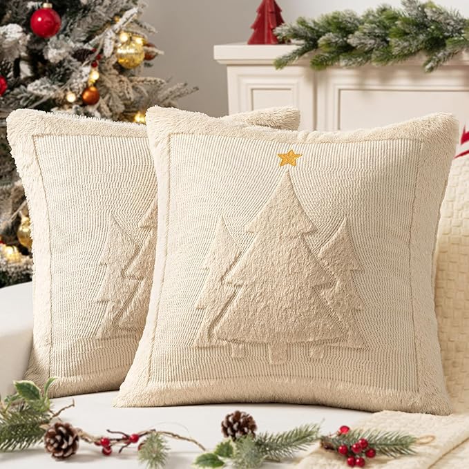 MIULEE Christmas Trees Pillow Covers Set of 2 Decorative Soft Throw Pillows Plush Faux Fur Wool Embroidered Couch Cushion for Holiday Winter Home Decor Chair Sofa Bedroom Living Room,Beige 20x20inch