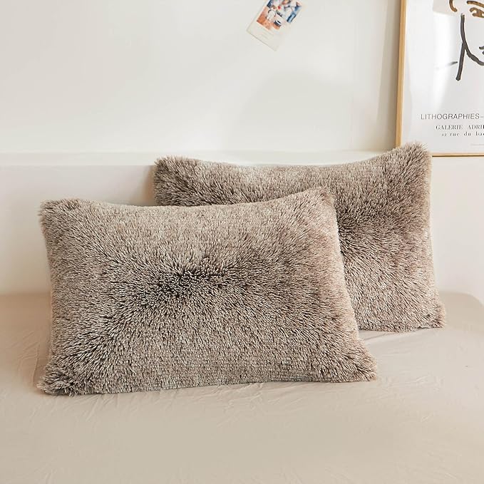 XeGe Fluffy Faux Fur Pillow Cases, Ultra Soft Plush Shaggy Fuzzy Pillowcases, Furry Crystal Velvet Decorative Pillow Shams with Zipper Closure, Set of 2 (King, Khaki Ombre)