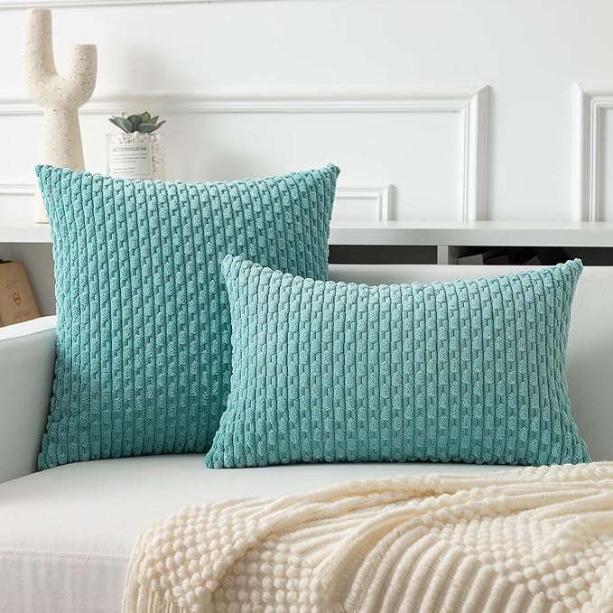 Kevin Textile Throw Pillow Covers Soft Corduroy Decorative Set of 2 Boho Striped Pillow Covers Pillowcases Farmhouse Home Decor for Couch Bed Sofa Living Room 26x26 Inch Aqua Green