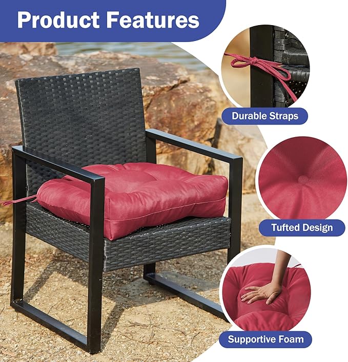 Outdoor Chair Cushions Set of 2, Patio Chair Cushions with Ties, 17x17+4” Tufted Outdoor Seat Cushions, Waterproof Patio Furniture Cushions, Outdoor Dining Chair Pads, Burgundy