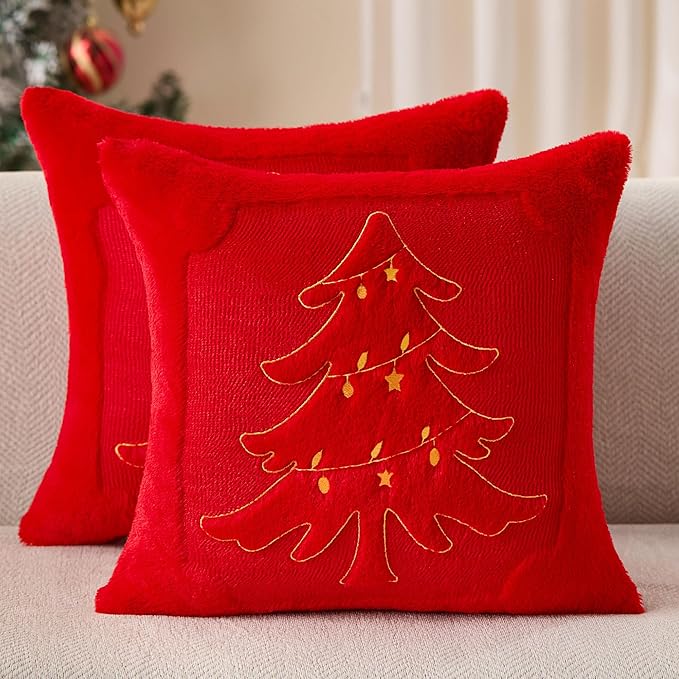 DFXSZ Christmas Pillow Covers 18x18 Yellow Star Light Red Christmas Tree Decoration Soft Plush Faux Fur Jacquard Throw Pillows for Bedroom Sofa Holiday Festivals Winter Home Decor PTK067B18