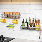 Orimade Adhesive Shower Caddy Soap Dish Holder Shelf with 5 Hooks Bathroom Organizer Basket Kitchen Storage Rack Wall Mounted No Drilling Stainless Steel - 3 Pack, Light Blue Grey