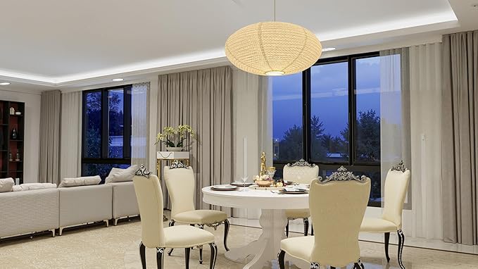 Hytsoeee(19.69Inch) Handmade Paper Lamp Shade, Creamy White Oval Hanging Lantern Lampshade,Modern Folding Ceiling Light Cover for Bedroom, Living Room, Dining Room, Corridor
