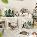 AVOIN colorlife Merry Christmas Trees Reindeer Snowflake Throw Pillow Covers, 16 x 16 Inch Xmas Red Berries Hello Winter Holiday Cushion Case Decoration for Sofa Couch Set of 4