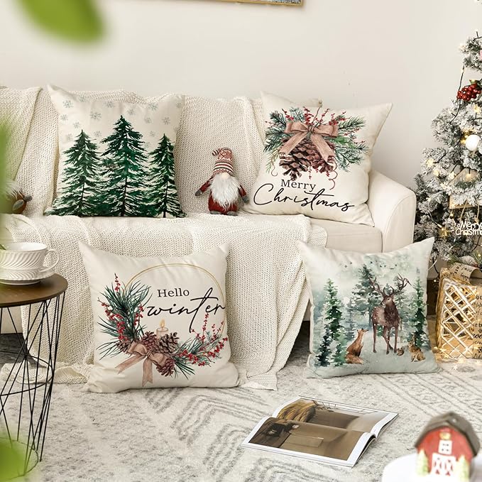 AVOIN colorlife Merry Christmas Trees Reindeer Snowflake Throw Pillow Covers, 16 x 16 Inch Xmas Red Berries Hello Winter Holiday Cushion Case Decoration for Sofa Couch Set of 4