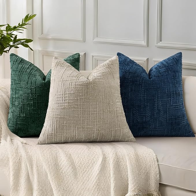 decorUhome Christmas Green Chenille Throw Pillow Covers 24x24 Set of 2 Thick Textured Slubby Couch Pillow Covers Farmhouse Accent Modern Neutral Decorative Pillow Cases for Bed Sofa Living Room