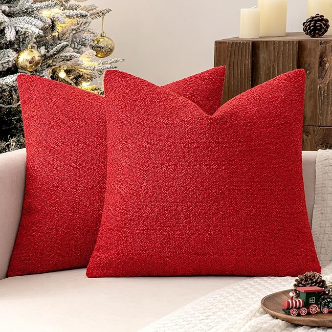MIULEE 18x18 Inch Christmas Decorative Pillow Covers for Couch Bed Set of 2 Textured Boucle Neutral Winter Throw Pillows Red Accent Solid Cushion Pillowcases Sofa Livingroom Home Decor