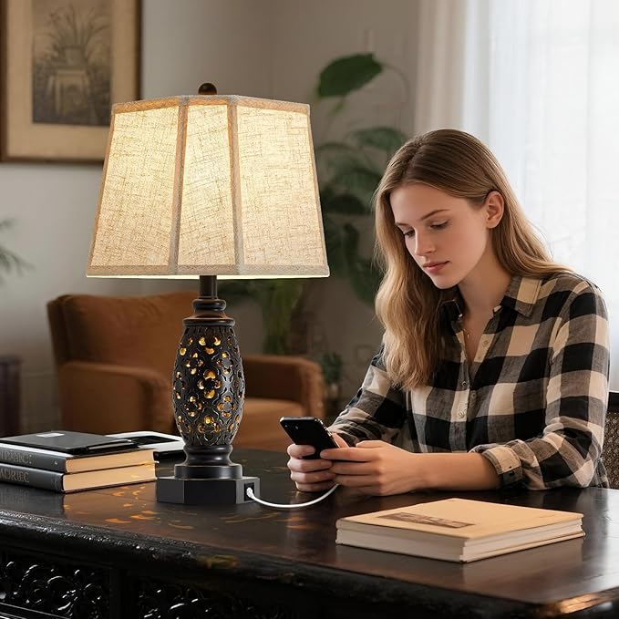 Table Lamps Set of 2-23.5" Vintage Bedside Lamp with USB A+C and Nightlight - Black Carved Resin Retro Desk Lamp for Bedrooms, End Tables, Living Room, Bulbs Included