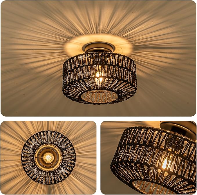 MAYNA Boho Ceiling Light Fixture, Black Rattan Light Fixtures Ceiling Mount,Mini Hand Woven Rattan Chandelier Light Fixtures for Bedroom Kitchen Entryway Living Room Hallway, Bulb NOT Included